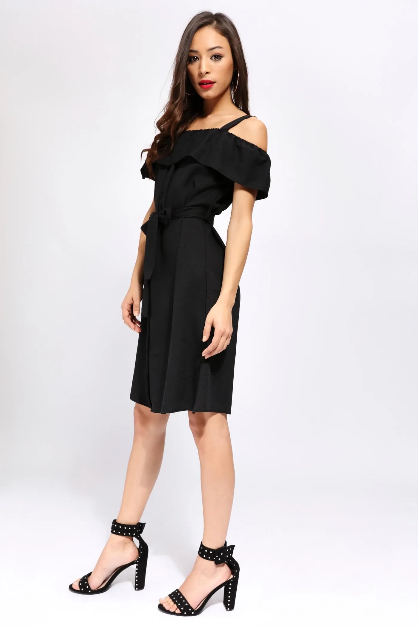 Black Off The Shoulder Strap Front Button Shirt Dress