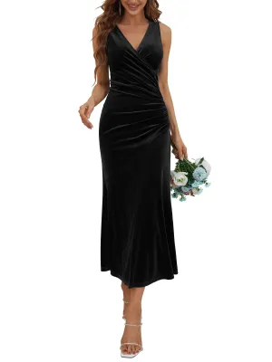 Black Tank Dress Women's V Neck Wrap Long Sleeve Elegant Mermaid Velvet Cocktail Maxi Dress Evening Party - ZABERRY