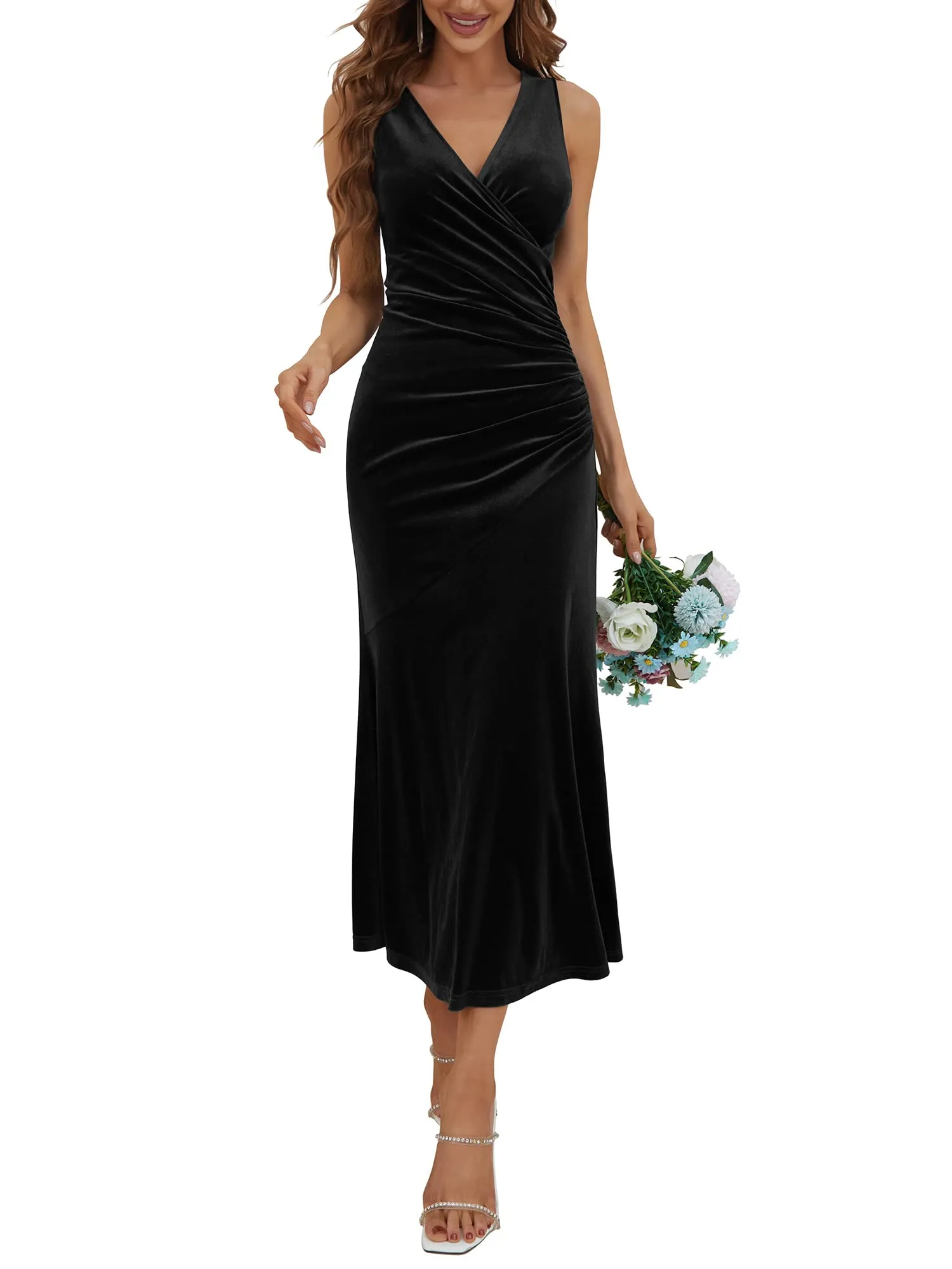 Black Tank Dress Women's V Neck Wrap Long Sleeve Elegant Mermaid Velvet Cocktail Maxi Dress Evening Party - ZABERRY
