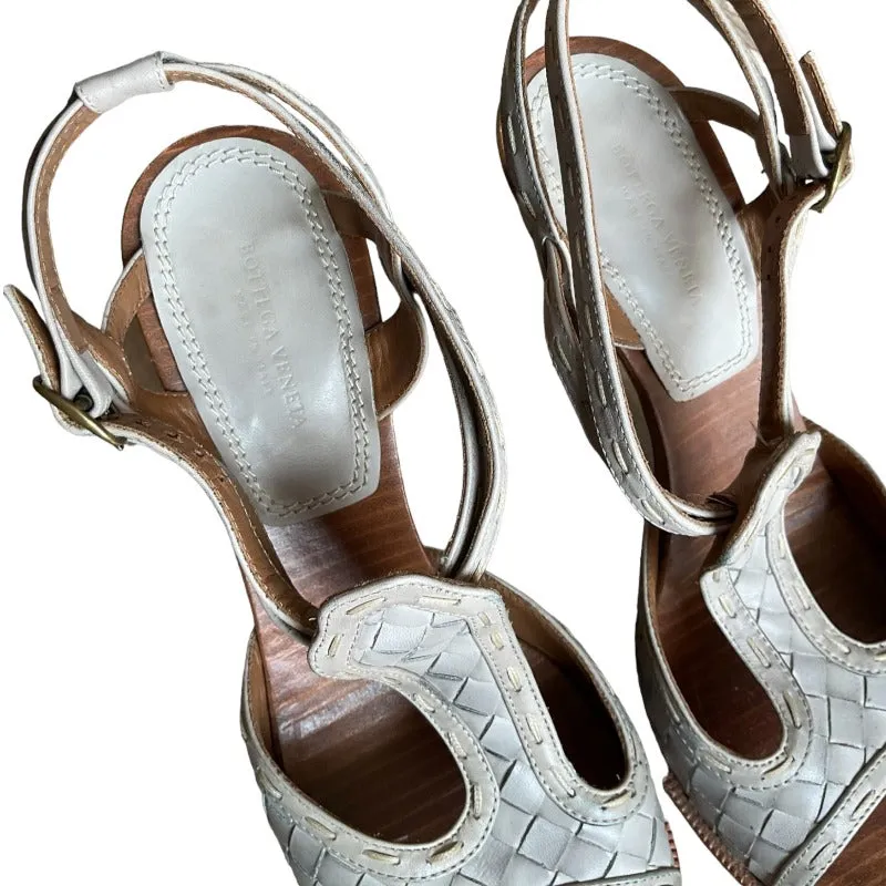 BOTTEGA VENETA Grey Intrecciato Leather Ankle Strap Platform Sandals, Size 36.5