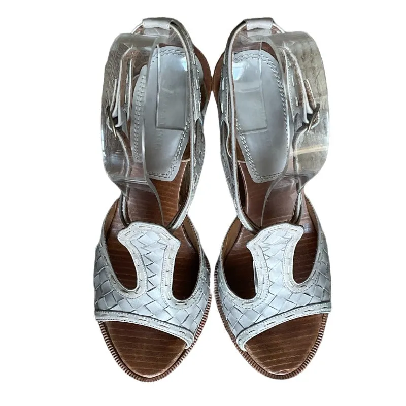BOTTEGA VENETA Grey Intrecciato Leather Ankle Strap Platform Sandals, Size 36.5
