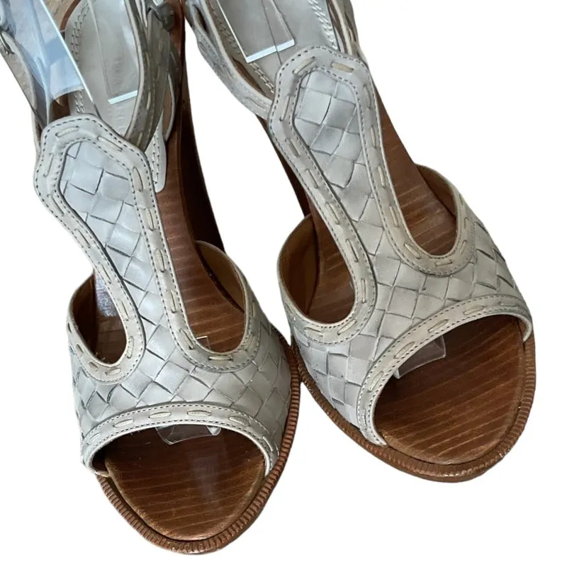 BOTTEGA VENETA Grey Intrecciato Leather Ankle Strap Platform Sandals, Size 36.5