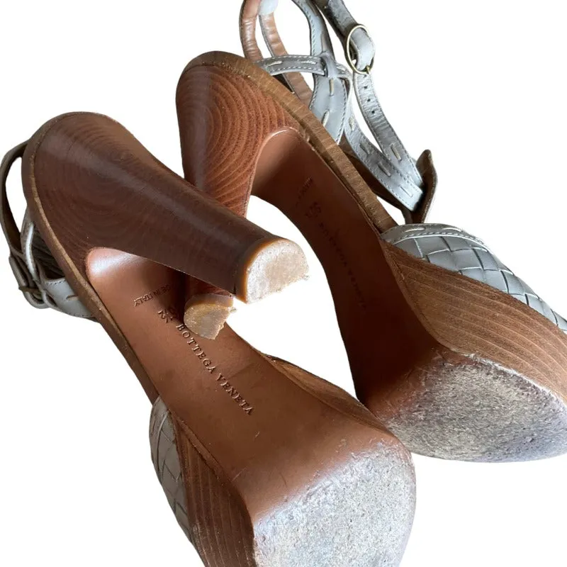 BOTTEGA VENETA Grey Intrecciato Leather Ankle Strap Platform Sandals, Size 36.5