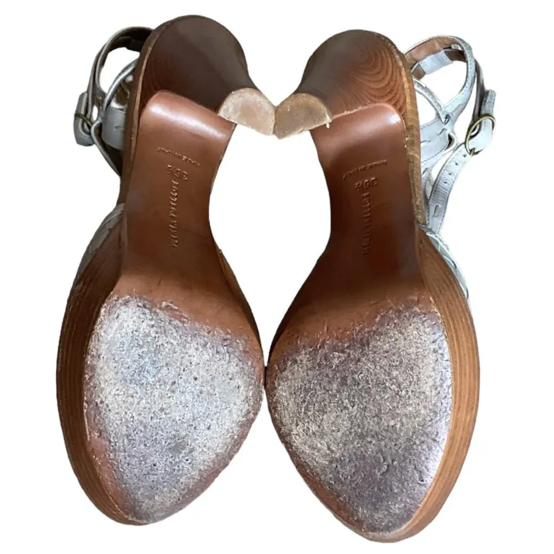 BOTTEGA VENETA Grey Intrecciato Leather Ankle Strap Platform Sandals, Size 36.5