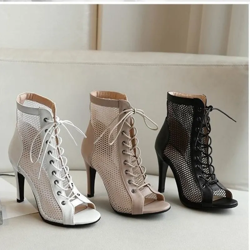 Fish Mouth Dance High Heels Mesh Boots