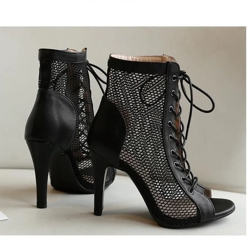 Fish Mouth Dance High Heels Mesh Boots