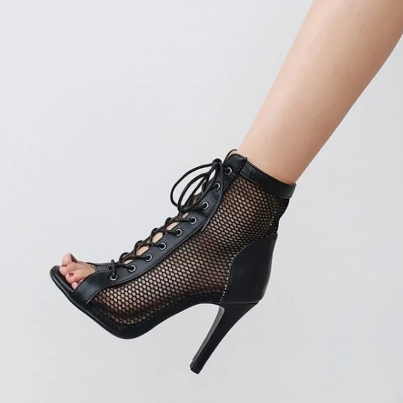 Fish Mouth Dance High Heels Mesh Boots