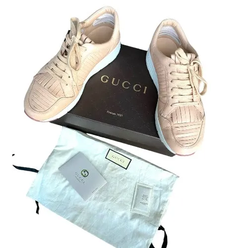 GUCCI Poudre Pink Trim Leather Fringe Lace Up Low Sneakers, Size 36.5