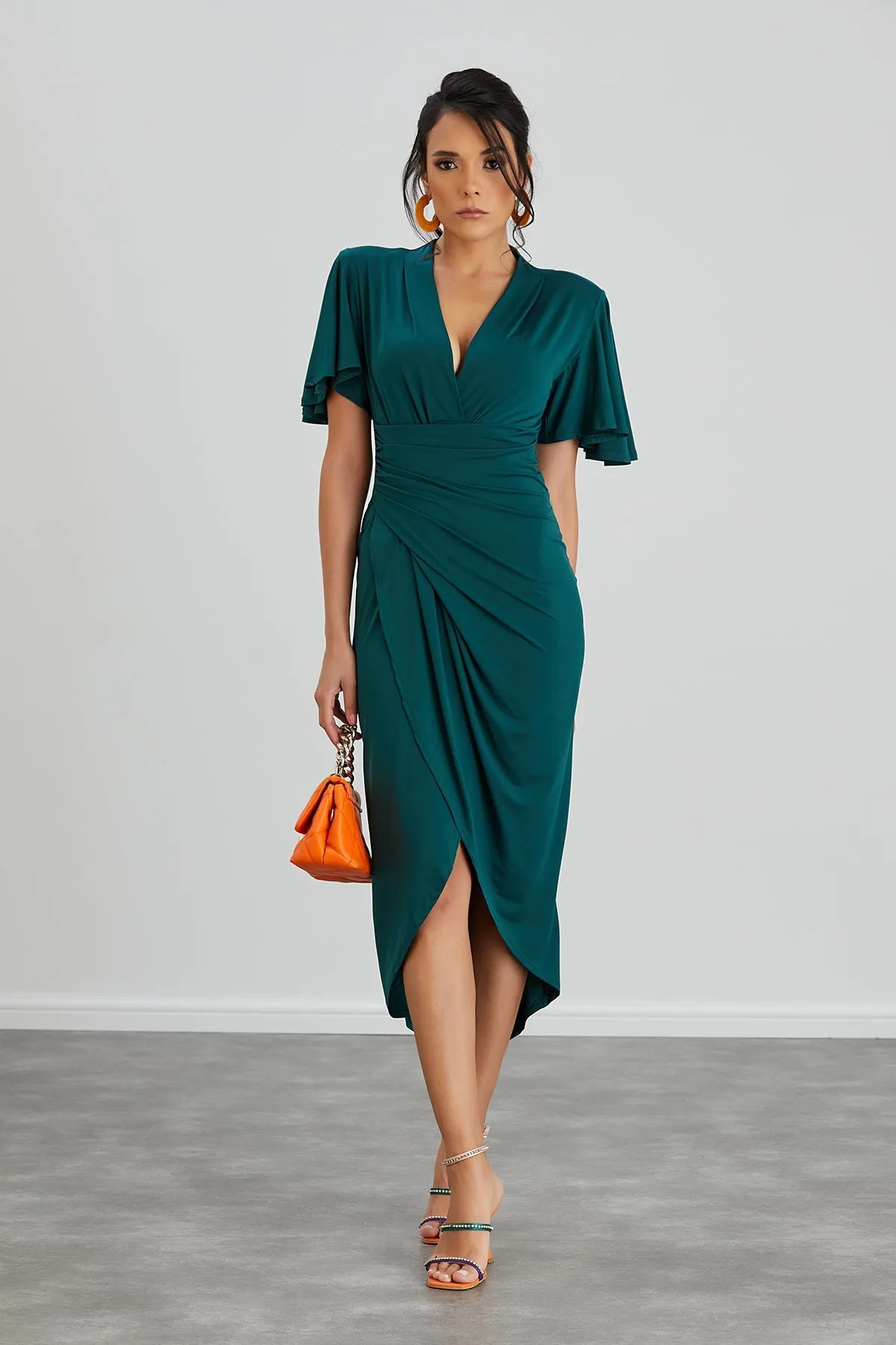 Timeless Angel Sleeve Wrap Dress in Dark Green