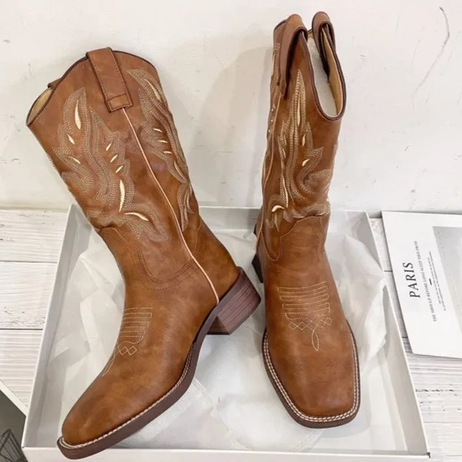 Women western cowgirl boots | Chunky heel embroidered mid calf boots | Fall slip on brown boots