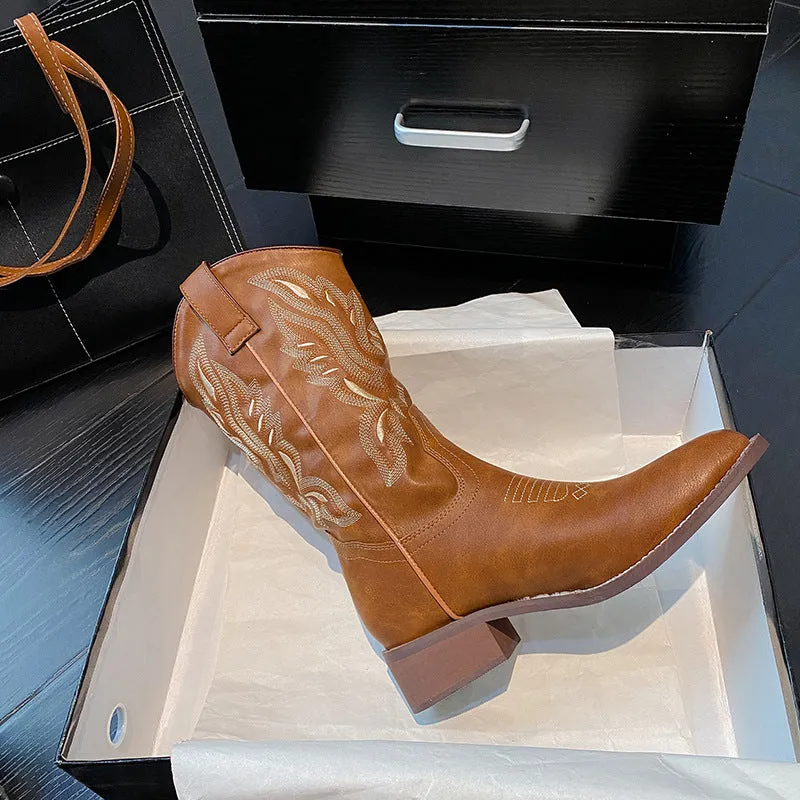 Women western cowgirl boots | Chunky heel embroidered mid calf boots | Fall slip on brown boots