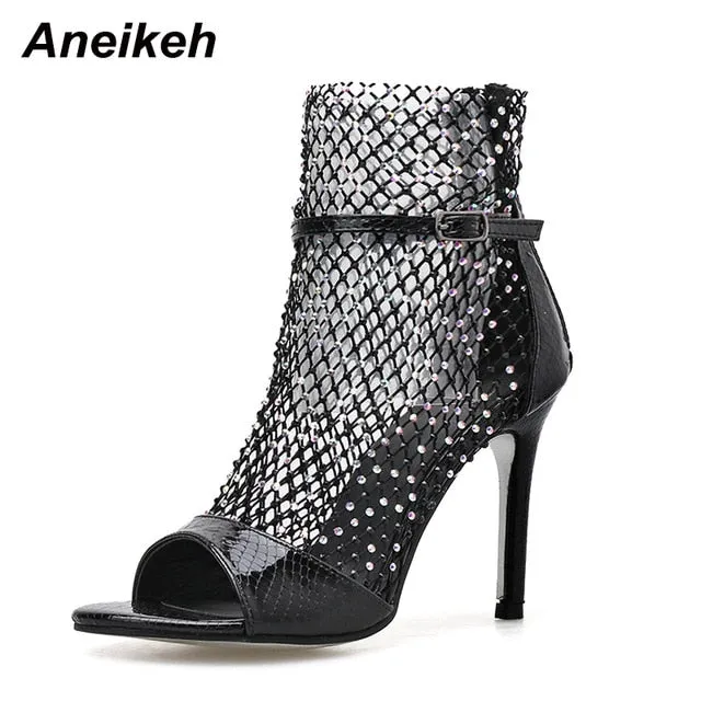 Women's Gold Glitter Rhinestone Mesh Ankle Peep-toe High Heels Booties