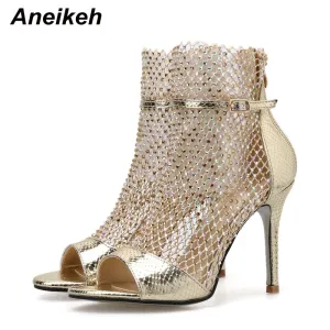 Women's Gold Glitter Rhinestone Mesh Ankle Peep-toe High Heels Booties