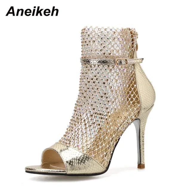 Women's Gold Glitter Rhinestone Mesh Ankle Peep-toe High Heels Booties