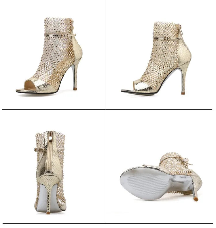 Women's Gold Glitter Rhinestone Mesh Ankle Peep-toe High Heels Booties